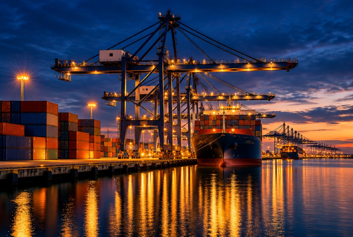 Container port with cranes at dusk